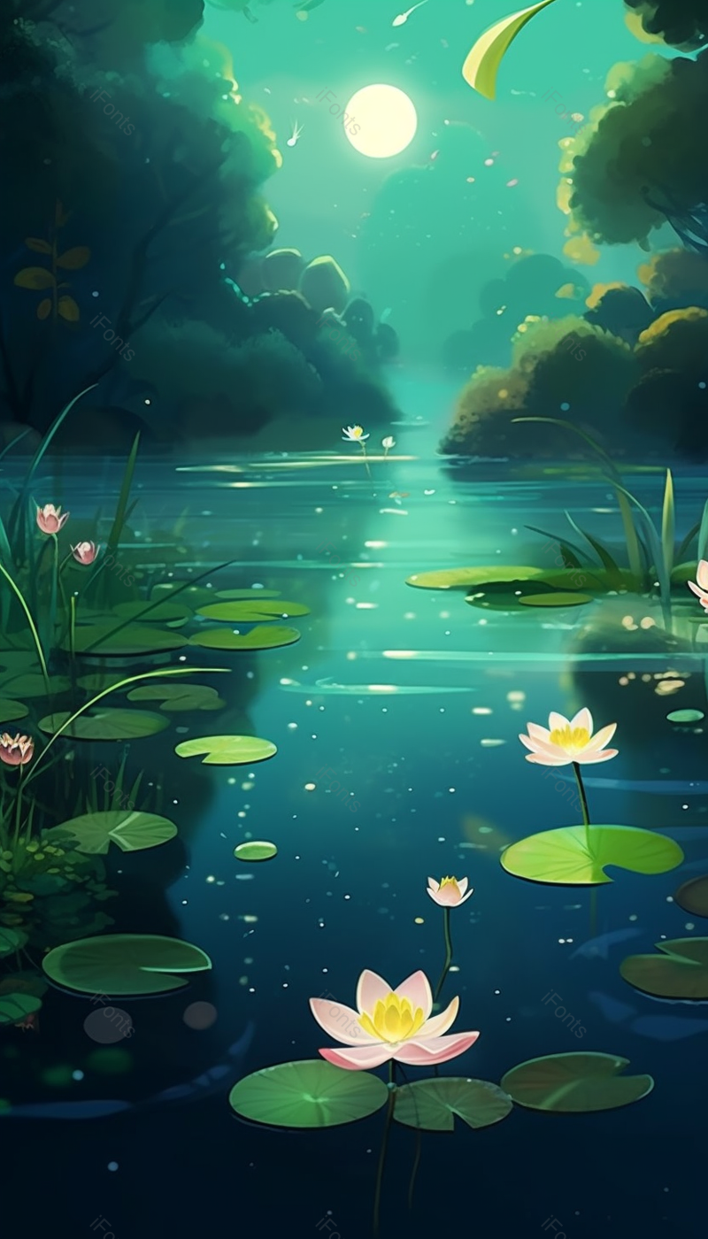 暗绿色夏日夜色撩人圆月夜色星空荷花插画背景,插画/手绘图,插画/手绘图库,插画/手绘图下载,插画/手绘